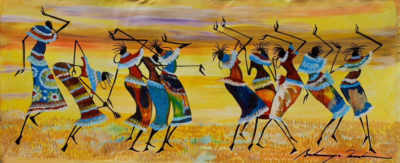East African traditional dance at sunset — artwork on display at Horn of Africa