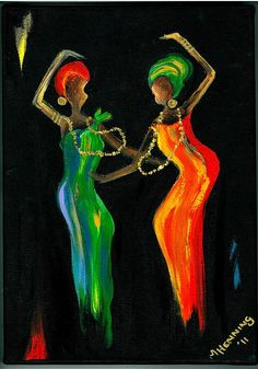 Two East African dancers in vivid colour — painting at Horn of Africa Bergen