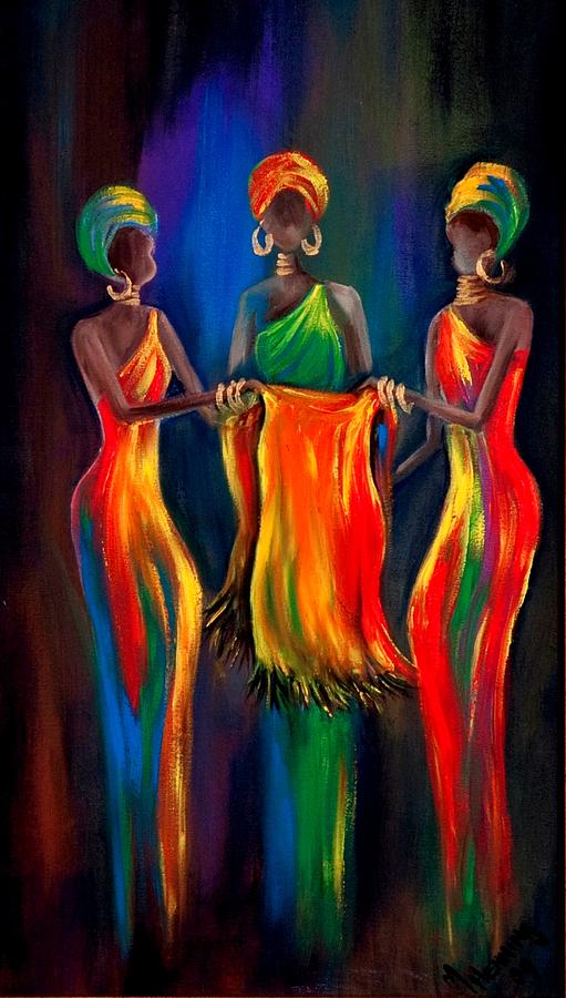 Three Ethiopian women in traditional ceremony dress — artwork at Horn of Africa