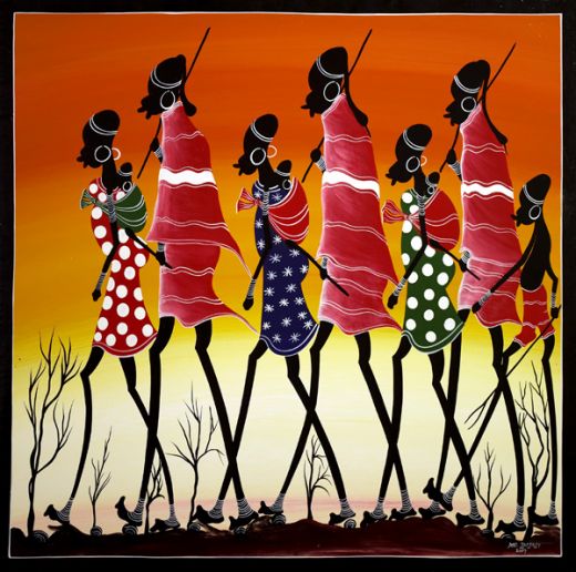 Maasai community procession at sunrise — painting at Horn of Africa